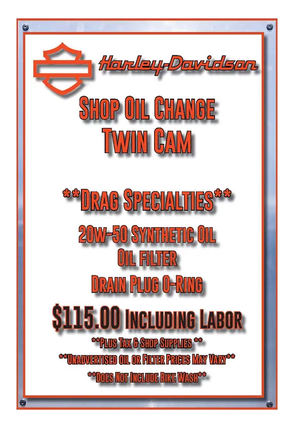 Service Special, Twin Cam, printed sign designed in house by Secret Squirrel Ent. Group